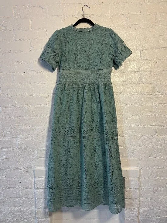 Sage Green Eyelet Lace Modest Maxi Dress - Picture 2 of 13